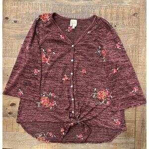 Fig And Flower Embroidered Tie Front Top Burgundy Size 2X